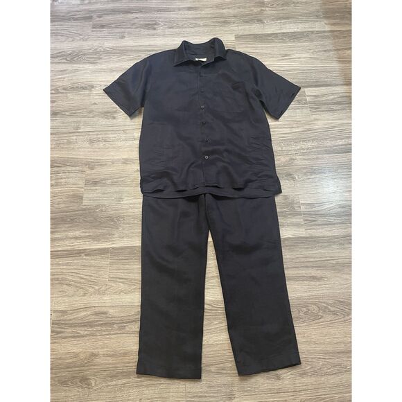 Daniel Ellissa 100% Linen Suit Set Navy Blue Short Sleeve Shirt Pants L 34 Luxe - Picture 2 of 14
